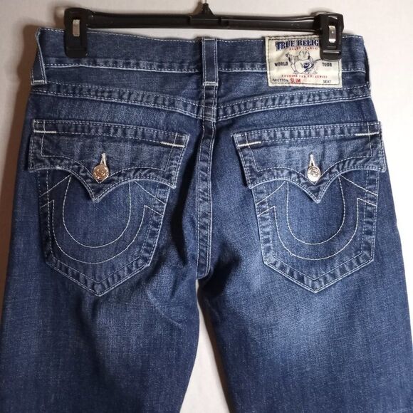 True Religion Slim Men's Distressed Dark Wash Denim Jeans Size 32x33 - Picture 5 of 12